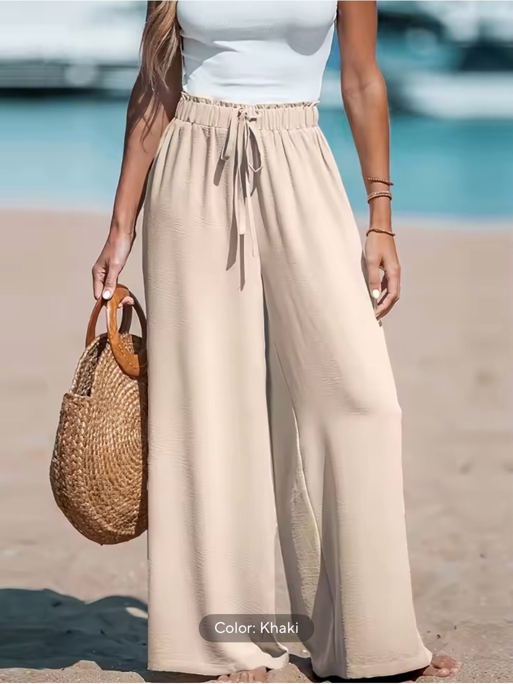Beach-Ready Khaki Wide-Leg Drawstring Palazzo Pants